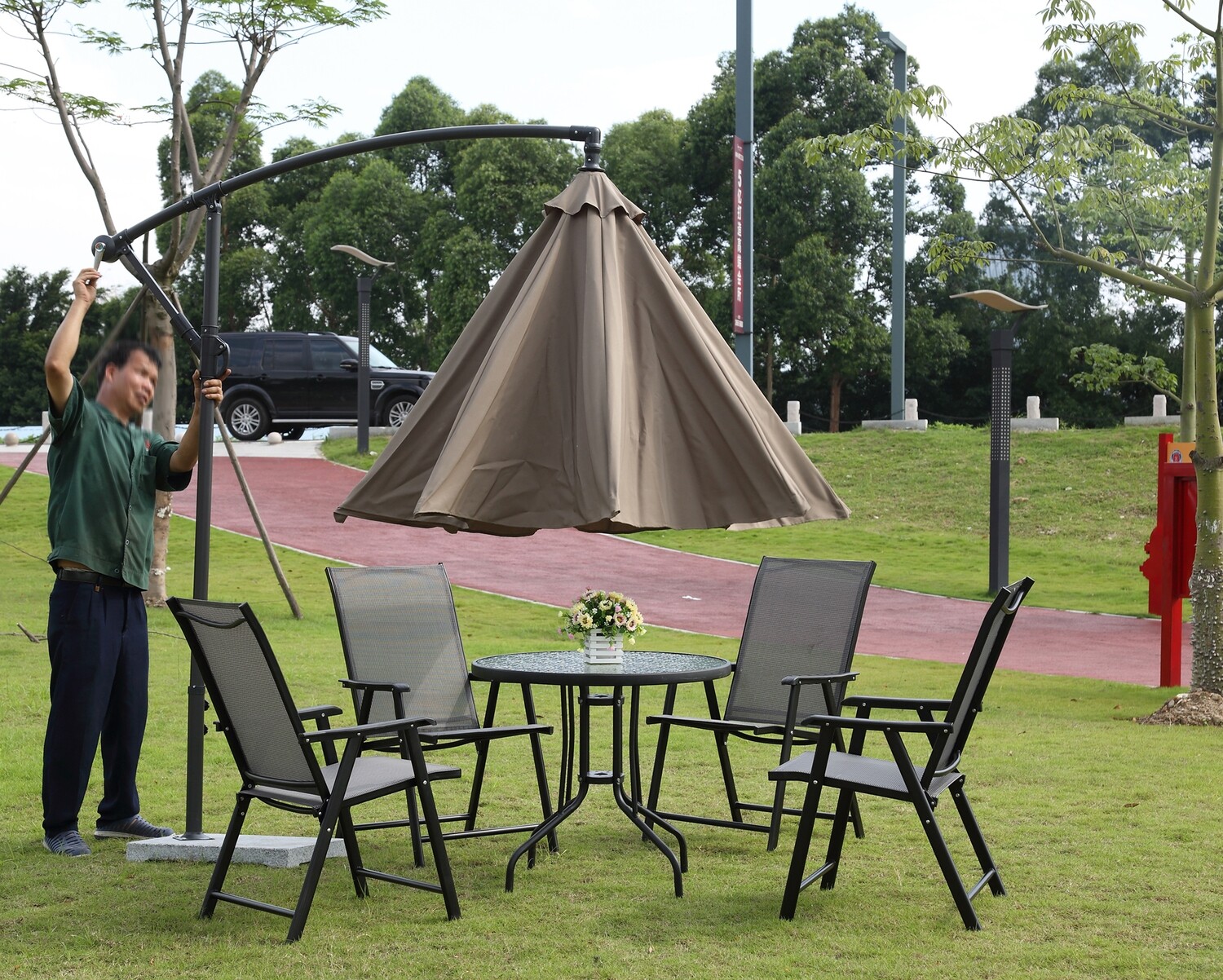 Raelyn Iron Frame with Marble Stone Base Patio Umbrella (2.7M, 3M) (Khaki, Green) - Image 5