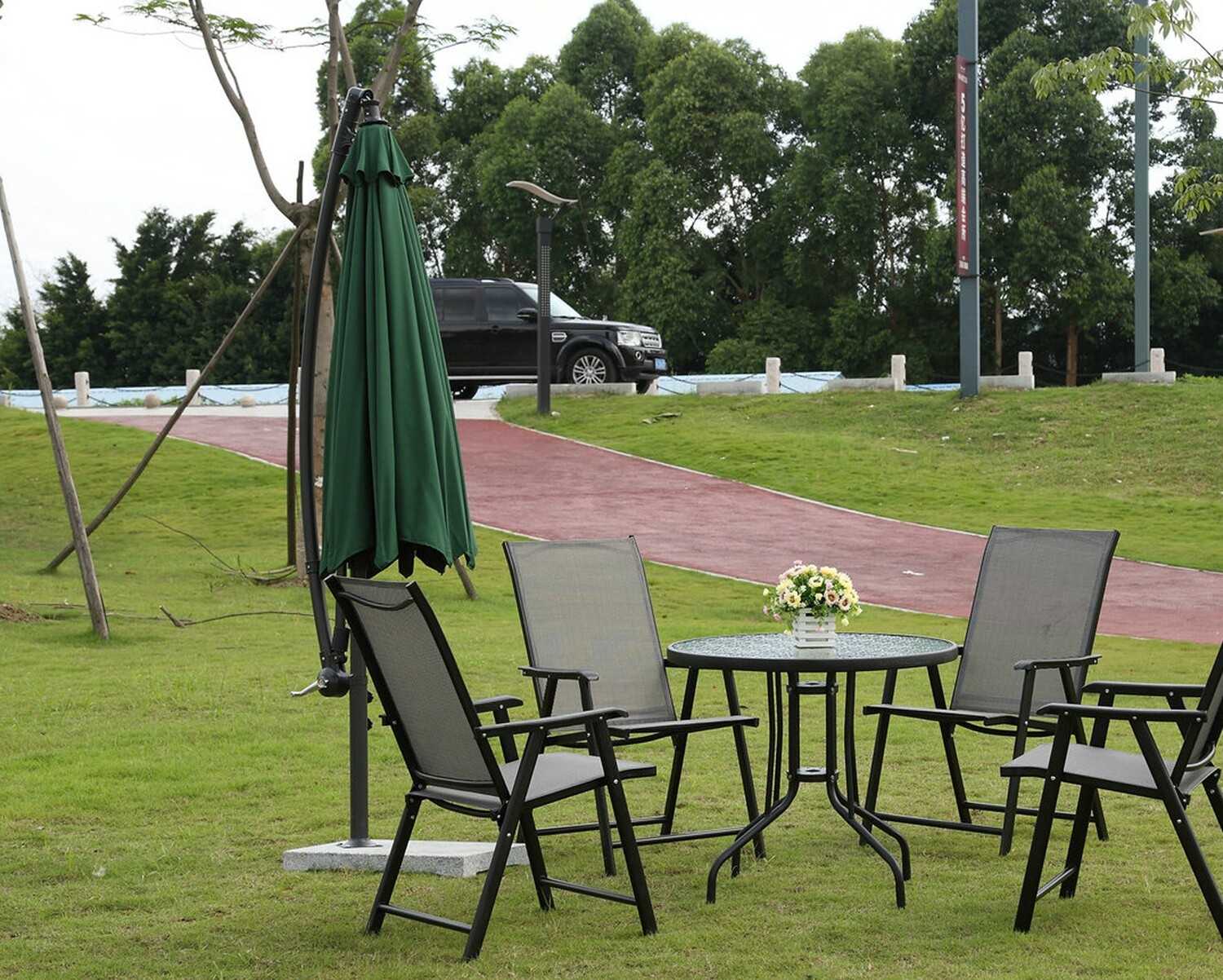 Raelyn Iron Frame with Marble Stone Base Patio Umbrella (2.7M, 3M) (Khaki, Green) - Image 4