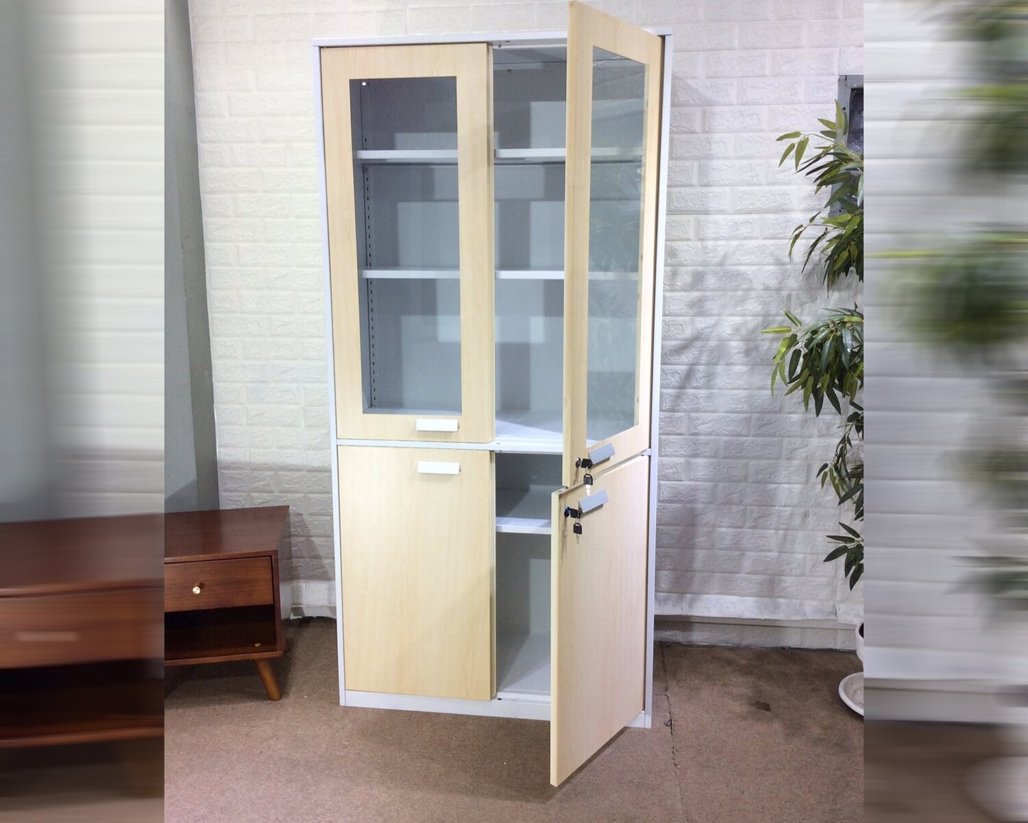 5-Layer Swing Door Steel & Glass Cabinet (Wood Pattern+White) - Image 2