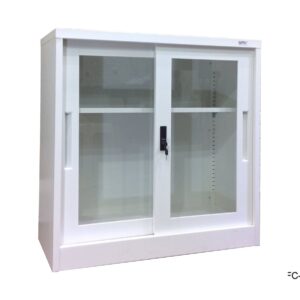 2-Layer Glass Sliding Door Steel Cabinet (White, Grey+White)