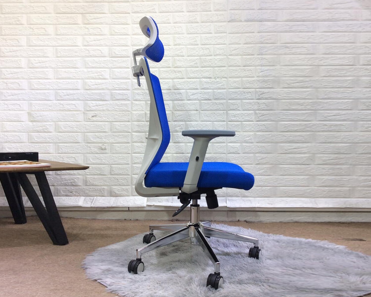 Deluxe-D79 Adjustable Headrest/Lumbar Support High Density Foam High Back Chair (Grey, Blue) - Image 3